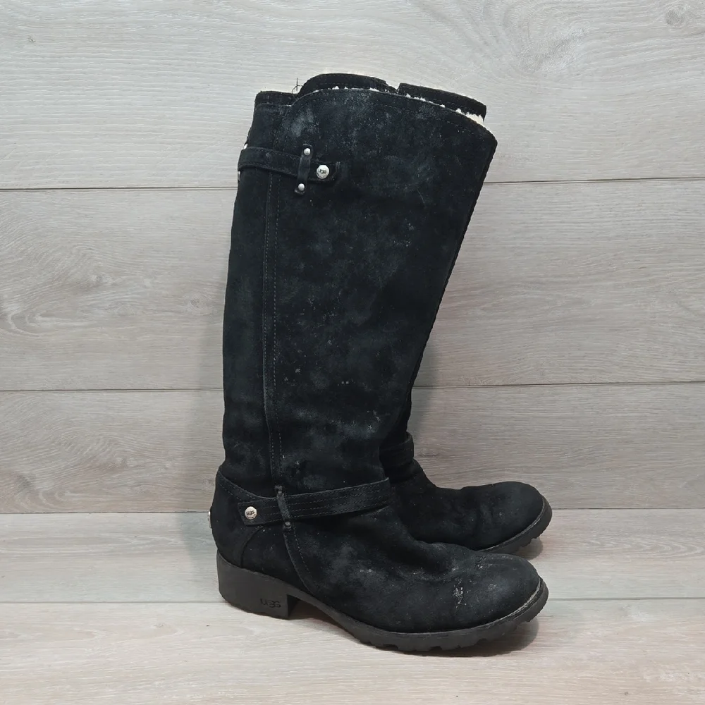 Ugg Australia Women's Jillian 3051 Black Suede Sheepskin Moto Boots Shoes Sz 9